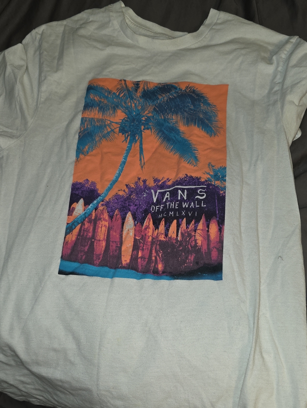 Vans White Tee with Orange, Blue & Purple Surf Graphic